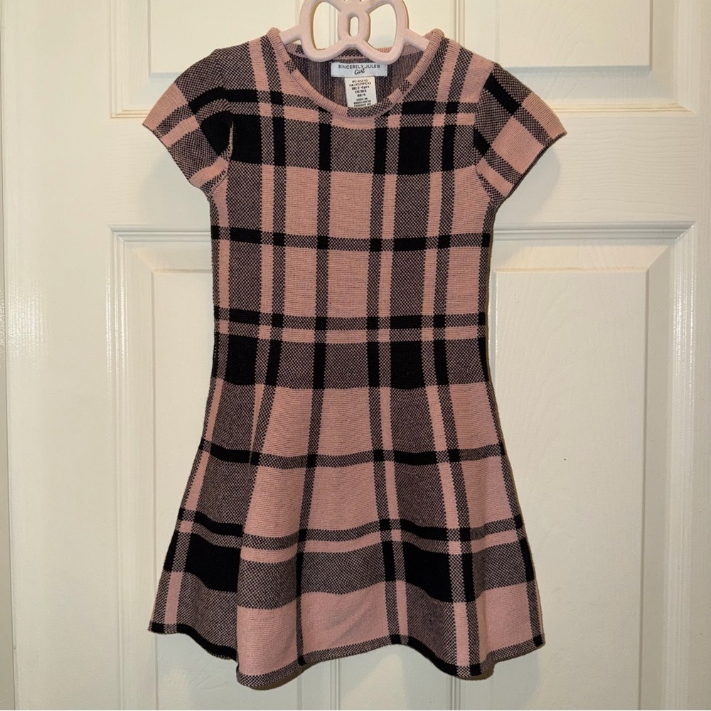 Sincerely Jules Girls Pink & Black Plaid Short Sleeve A-Line Sweater Dress 4